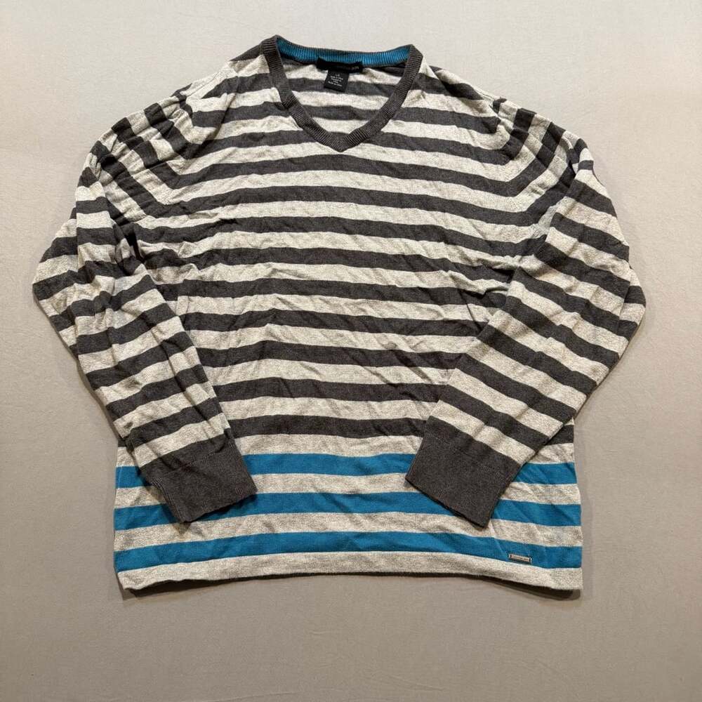 Calvin Klein Jeans Men's Gray Blue Striped V-Neck Long Sleeve Sweater Size L